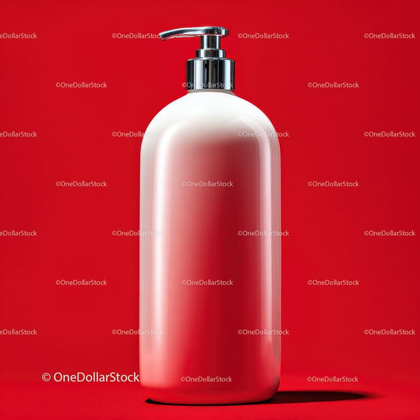 Elegant Soap Dispenser with Chrome Pump on Red Background JPG Mockup Image