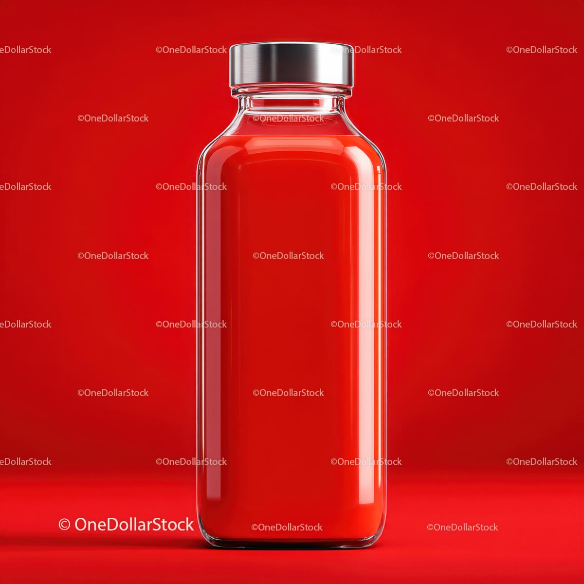Transparent Glass Bottle Against Bold Red Background