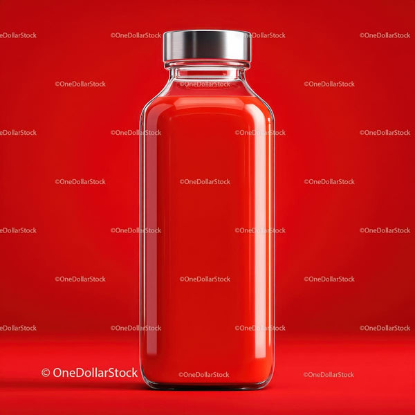 Transparent Glass Bottle Against Bold Red Background JPG Mockup Image