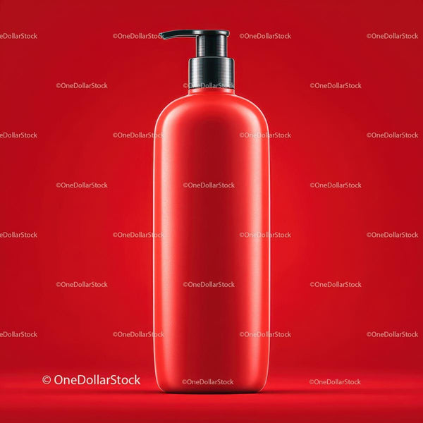 Red Pump Dispenser Bottle on Vibrant Background JPG Mockup Image