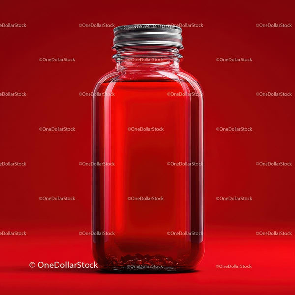 Vibrant Red Liquid in Clear Glass Bottle on Red Background JPG Mockup Image