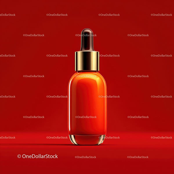 Elegant Dropper Bottle against Vibrant Red Background JPG Mockup Image