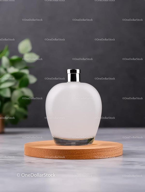 Minimalist Perfume Bottle on Wooden Tray with Greenery JPG Mockup Image