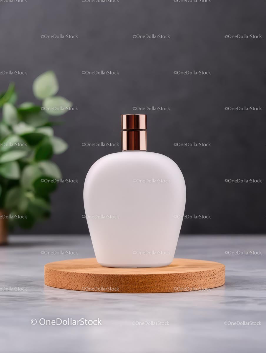 Minimalist White Perfume Bottle on Wooden Coaster