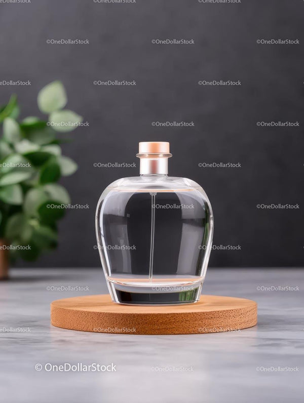 Elegant Glass Bottle on Wooden Coaster with Greenery JPG Mockup Image