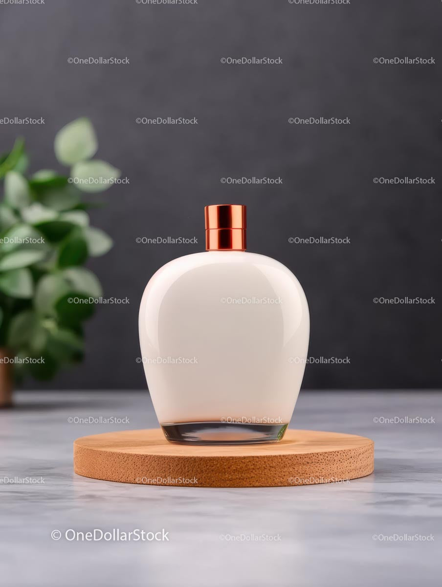 Elegant Glass Bottle on Wooden Stand with Leafy Background