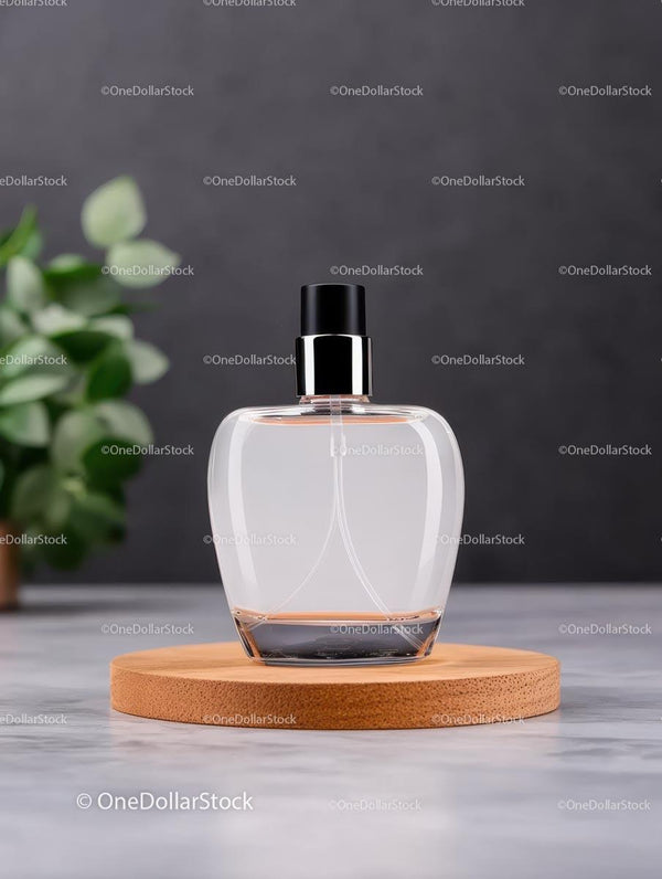 Elegancka butelka perfumu na drewnianej podstawce