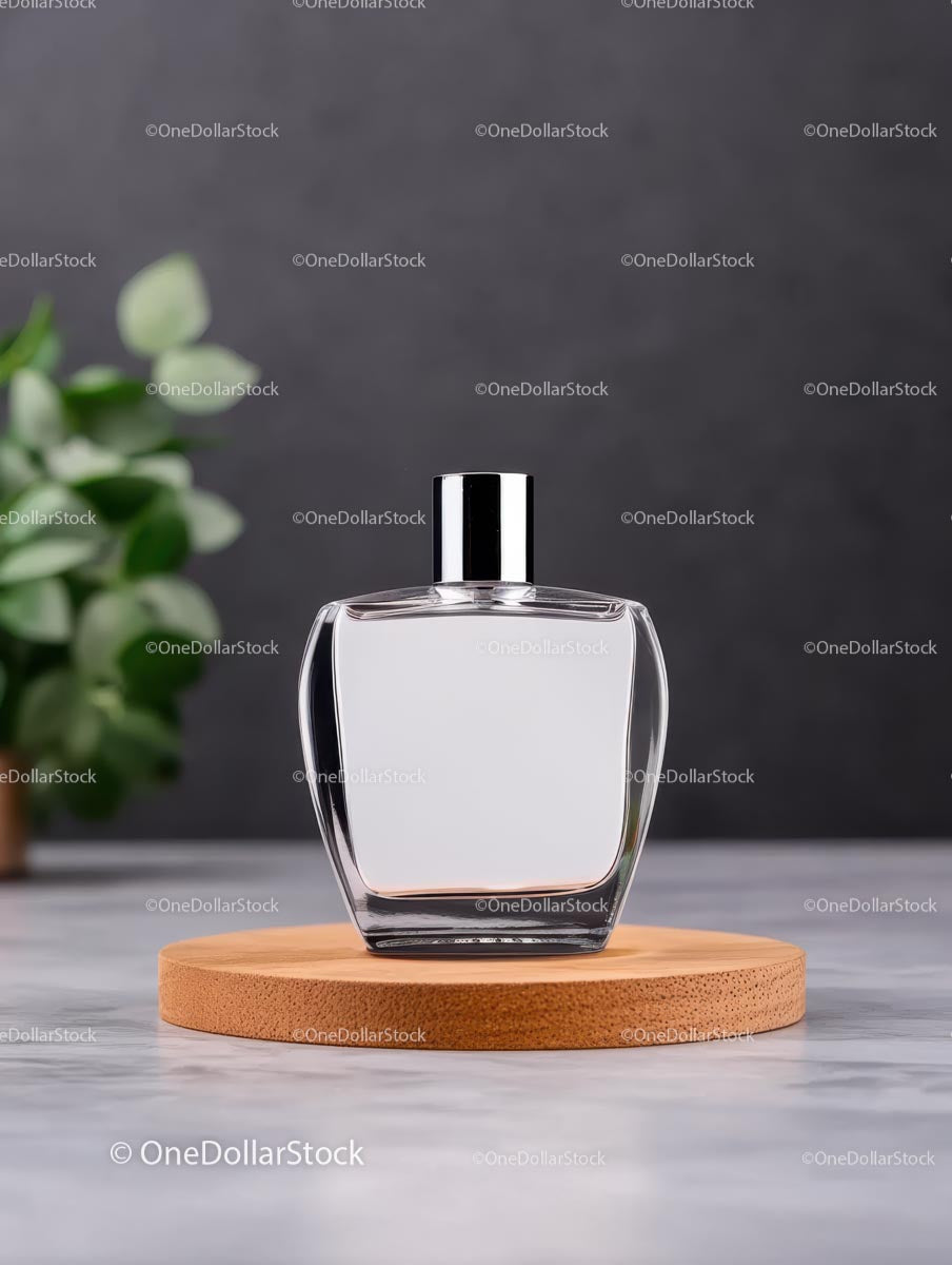 Elegancki flakon perfum na drewnianej podstawie z zielonymi liśćmi