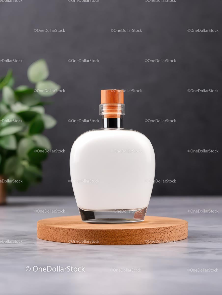Minimalist Glass Bottle on Wooden Base with Greenery