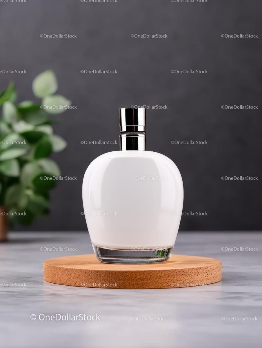 Minimalistyczny biały flakon perfum na drewnianej podstawie