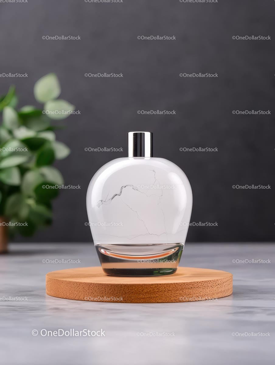 Elegant Glass Bottle on Wooden Base with Greenery