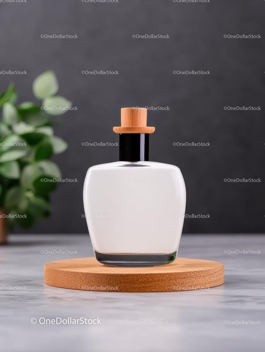 Minimalist Perfume Bottle on Wooden Tray with Greenery