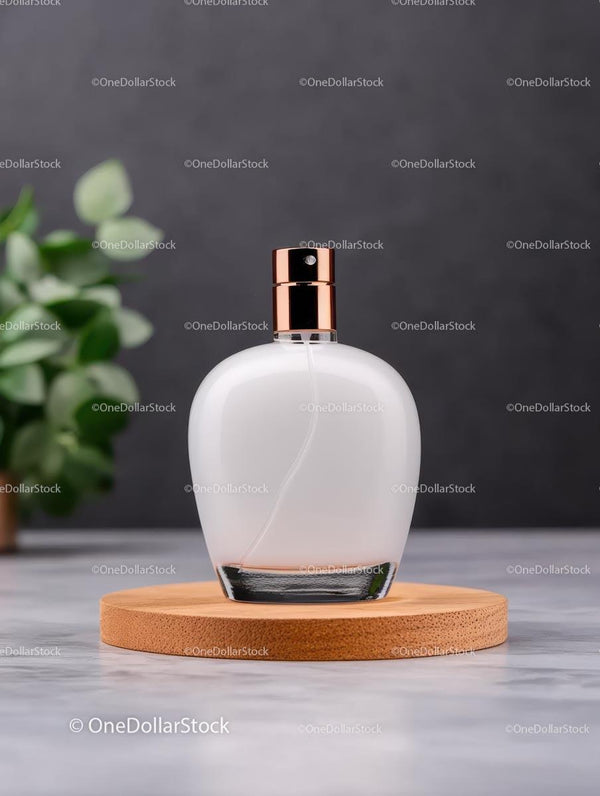 Elegant Perfume Bottle on Wooden Coaster with Greenery JPG Mockup Image