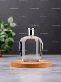 Minimalist Glass Bottle on Wooden Base with Greenery
