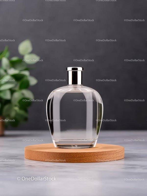 Minimalist Glass Bottle on Wooden Base with Greenery JPG Mockup Image