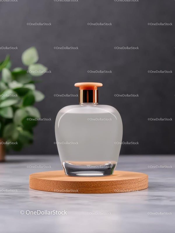 Elegancka Butelka Perfum na Drewnianym Podstawku na Ciemnym Tle