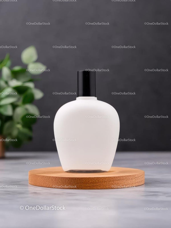 Elegant White Bottle on Wooden Coaster with Green Foliage JPG Mockup Image