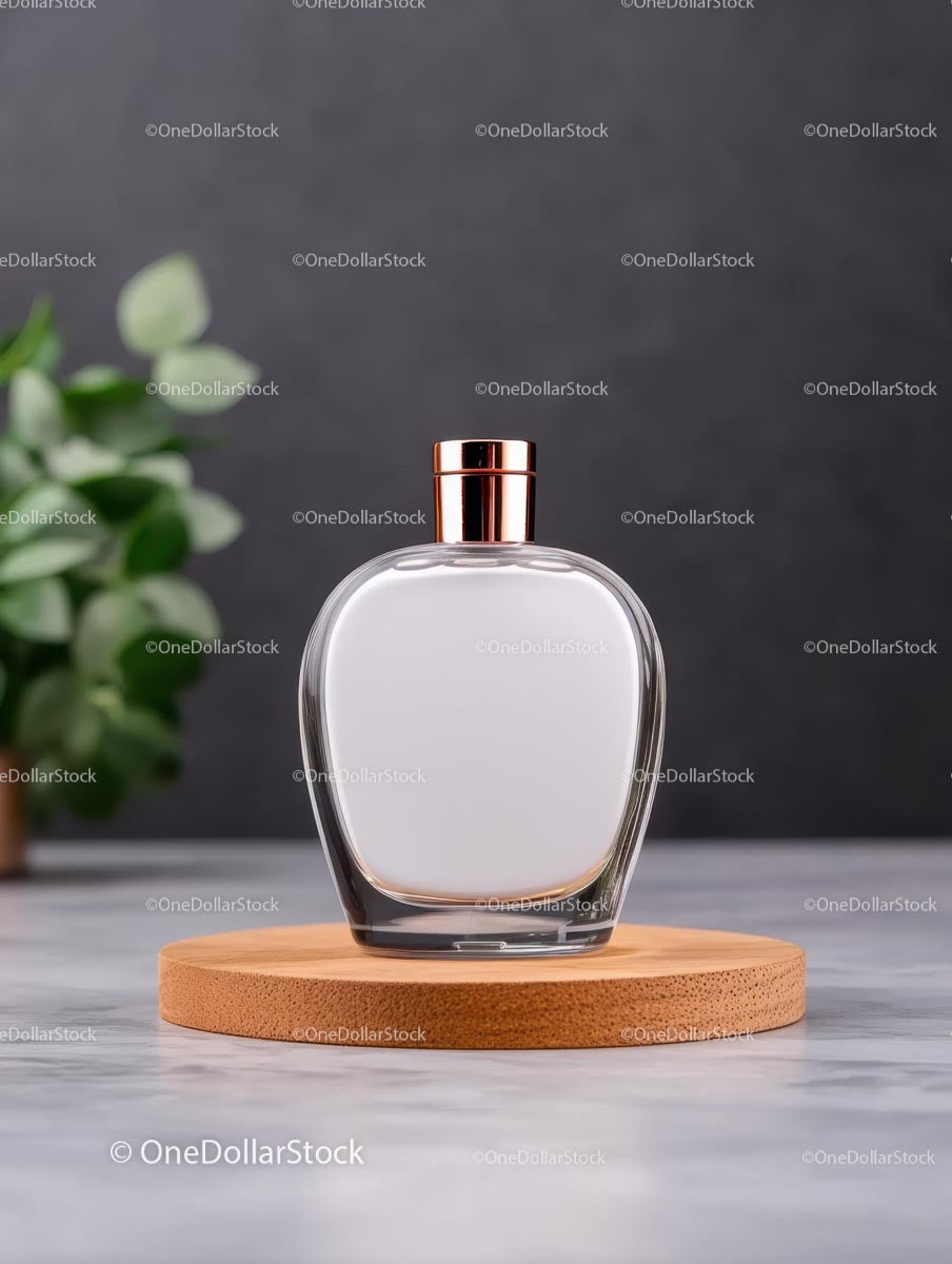 Elegant Perfume Bottle on Wooden Coaster with Simple Design