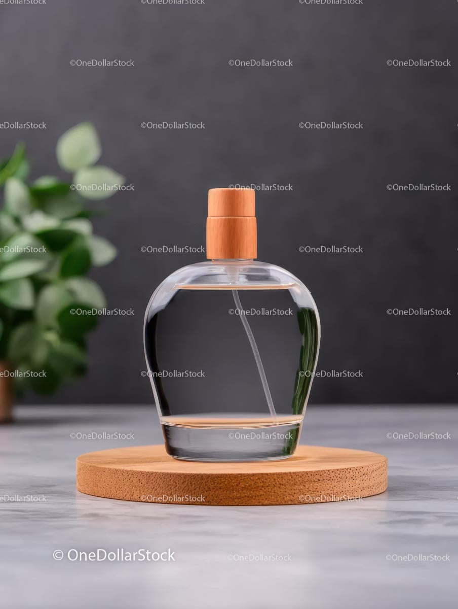Elegant Perfume Bottle with Wooden Cap on Circular Stand