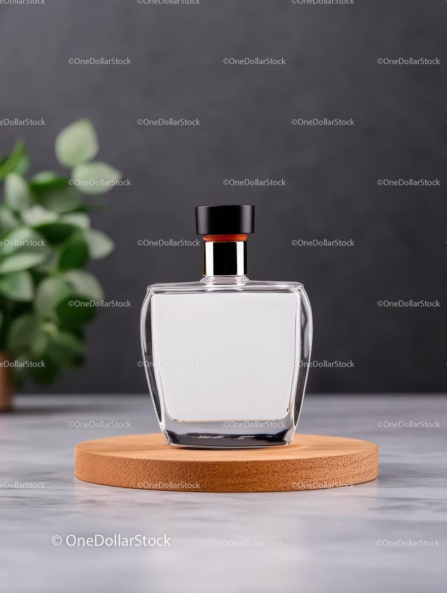 Elegancki, przezroczysty szklany flakon na perfumy na drewnianej podstawie