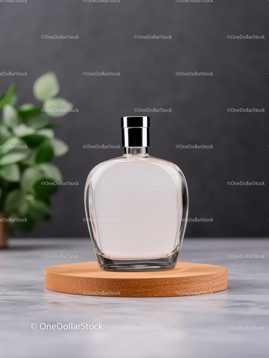 Elegant Glass Perfume Bottle on Wooden Platform