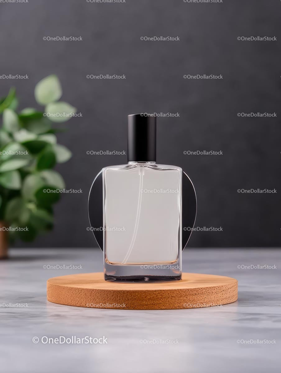 Elegant Perfume Bottle on Wooden Stand with Greenery