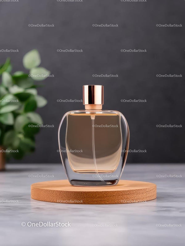 Elegancka Butelka Perfum na Okrągłej Drewnianej Platformie