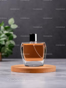 Elegant Perfume Bottle with Amber Liquid on Wooden Stand