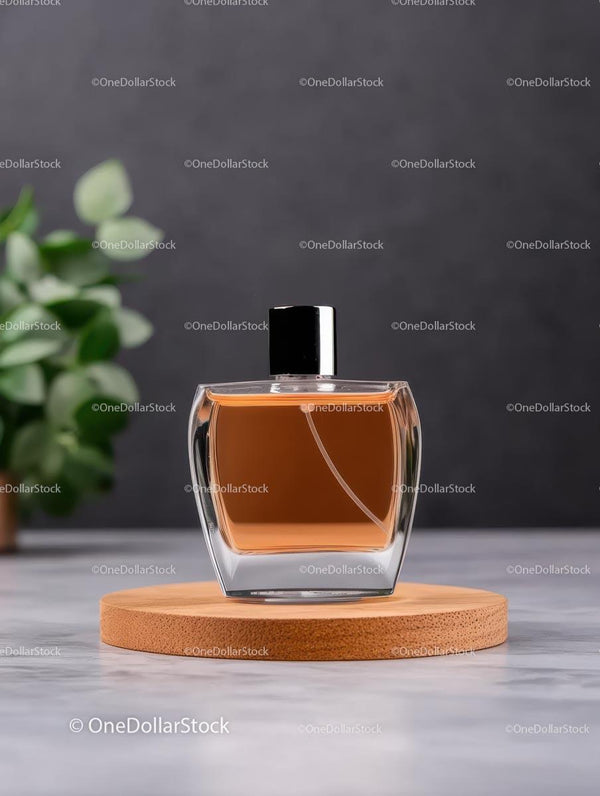 Elegancka butelka perfum z bursztynowym płynem na drewnianej podstawce