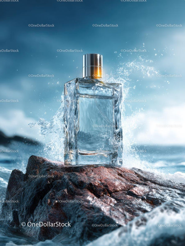 Luxury Perfume Bottle on Ocean Rocks with Water Splash JPG Mockup Image