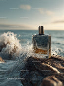 Luxury Perfume Bottle on Ocean Rocks with Water Splash