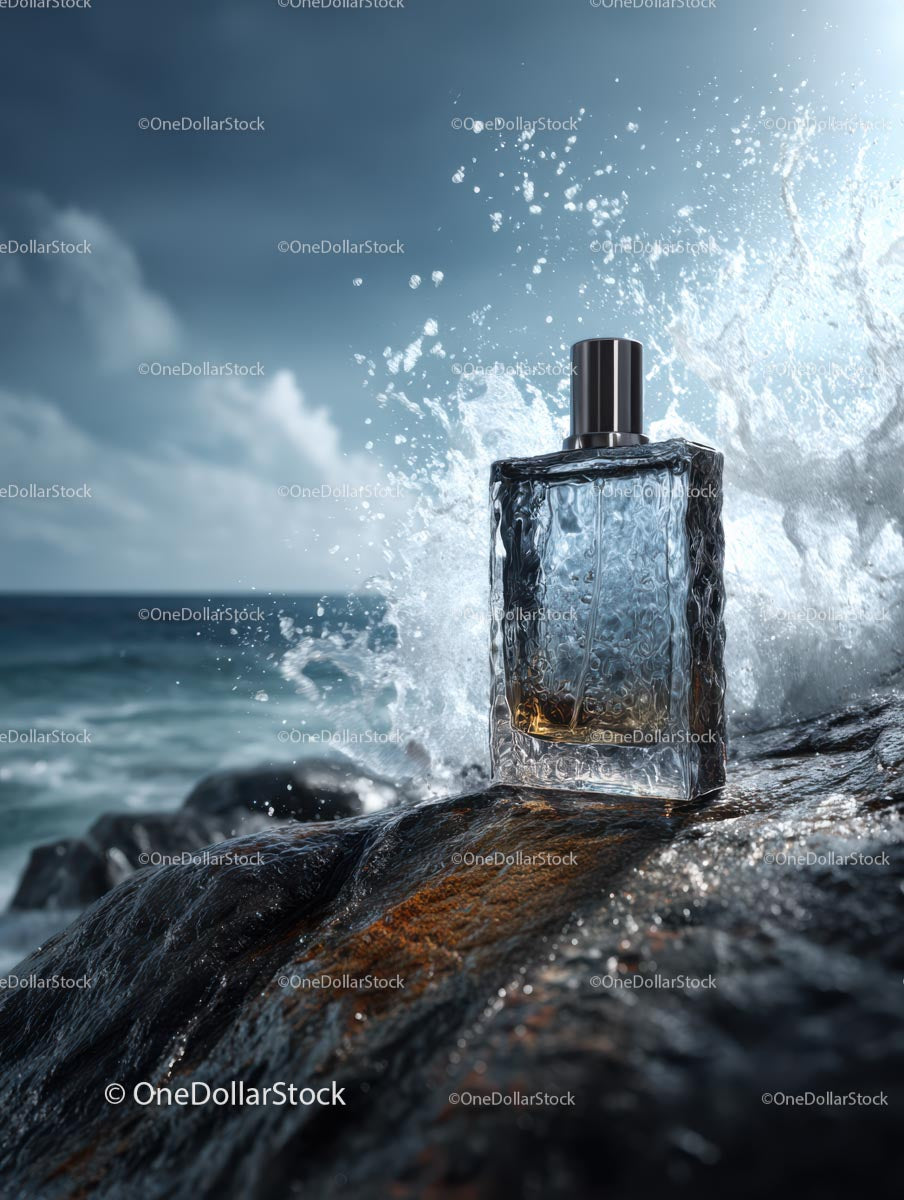 Perfume Bottle Against Majestic Ocean Waves