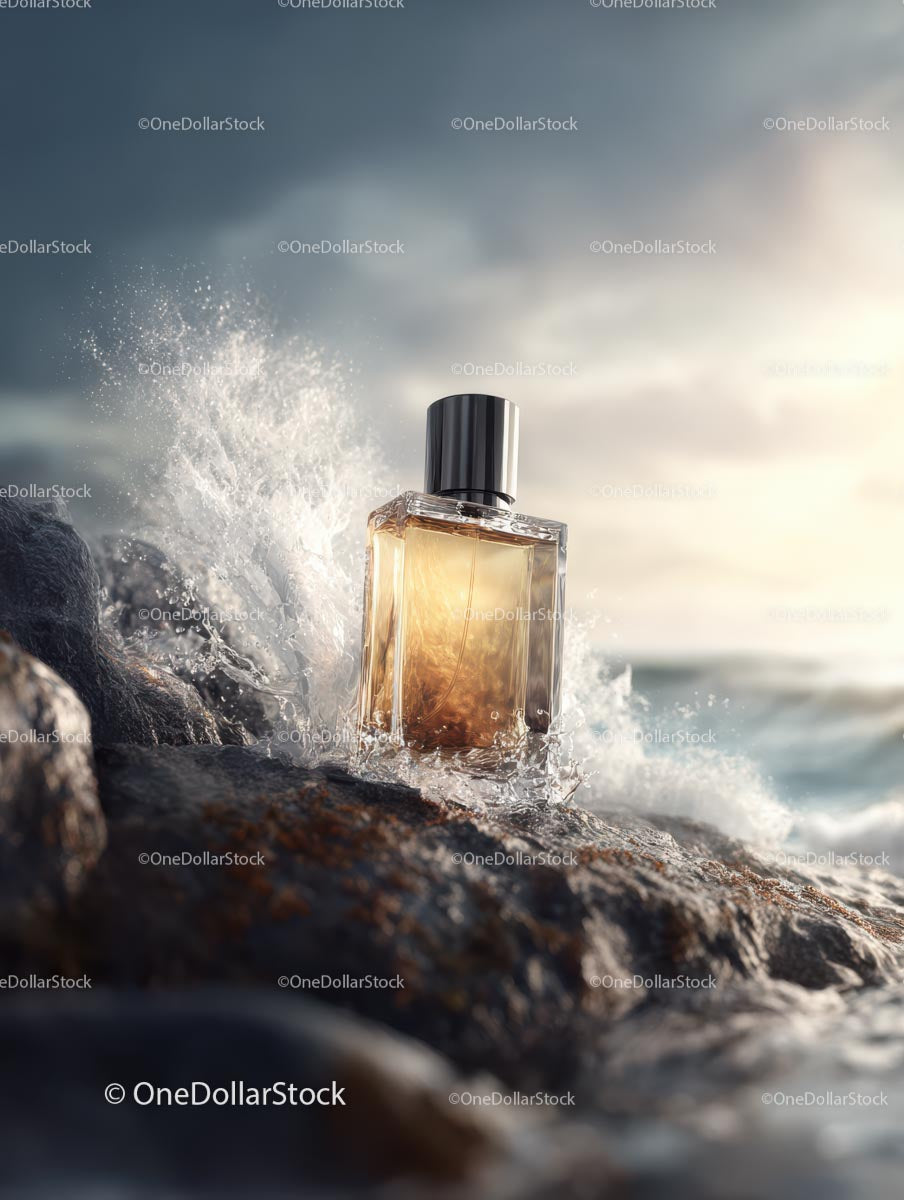 Luxury Perfume Bottle on Rocky Shore with Ocean Splash