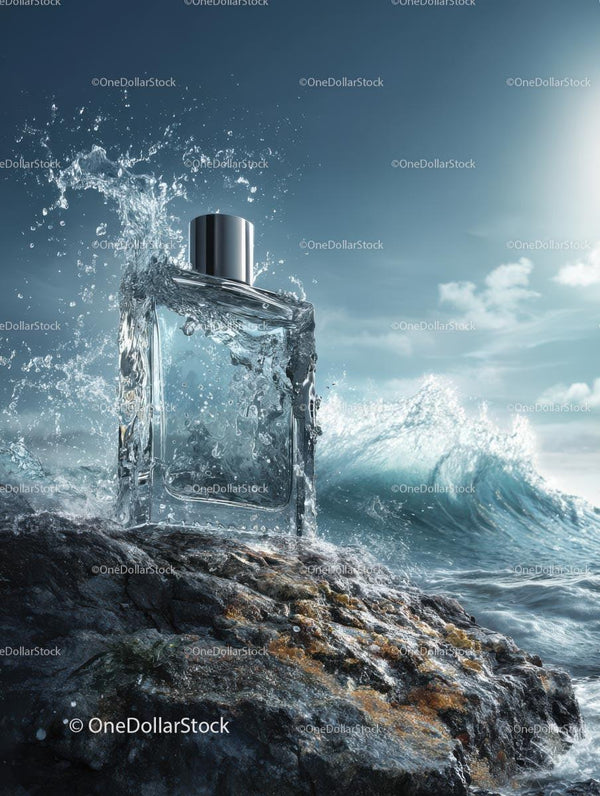 Butelka Perfum na Skalistej Plaży z Rozpryskującymi się Falami