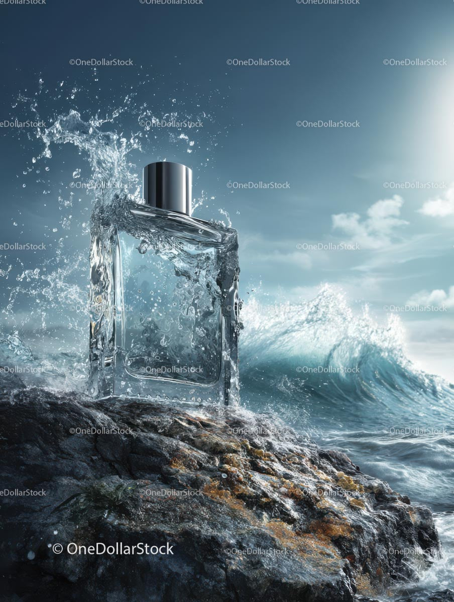 Perfume Bottle on a Rocky Shore with Splashing Waves