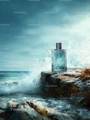 Luxury Perfume Bottle on Ocean Rocks with Water Splash