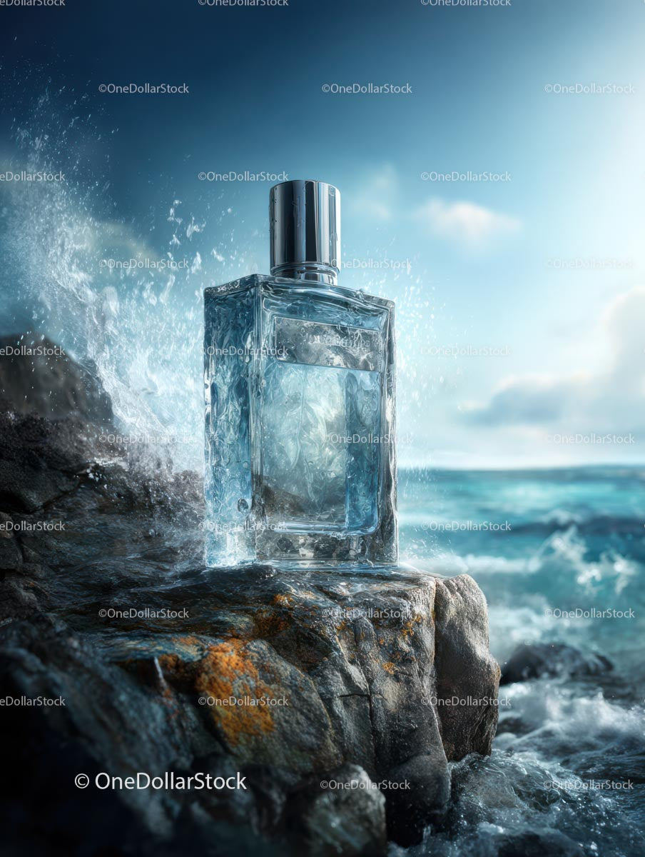 Perfume Bottle by the Ocean on a Rocky Shore
