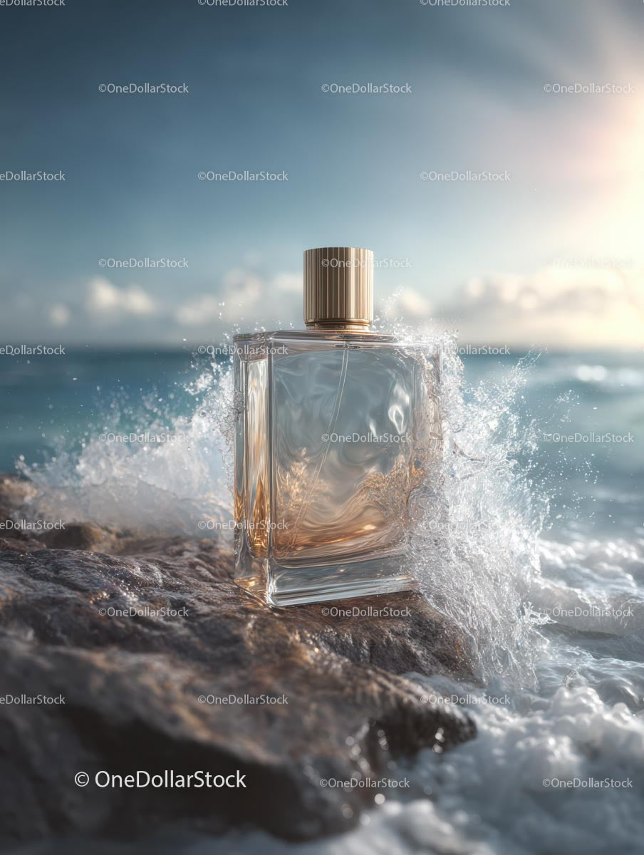 Luxury Perfume Bottle on Ocean Rocks with Water Splash
