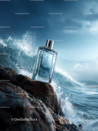 Perfume Bottle on Rocky Ocean Shoreline with Waves