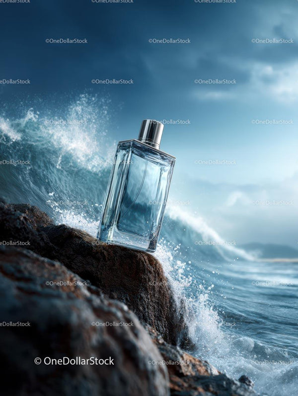 Butelka perfumy na skalistym wybrzeżu oceanu z falami