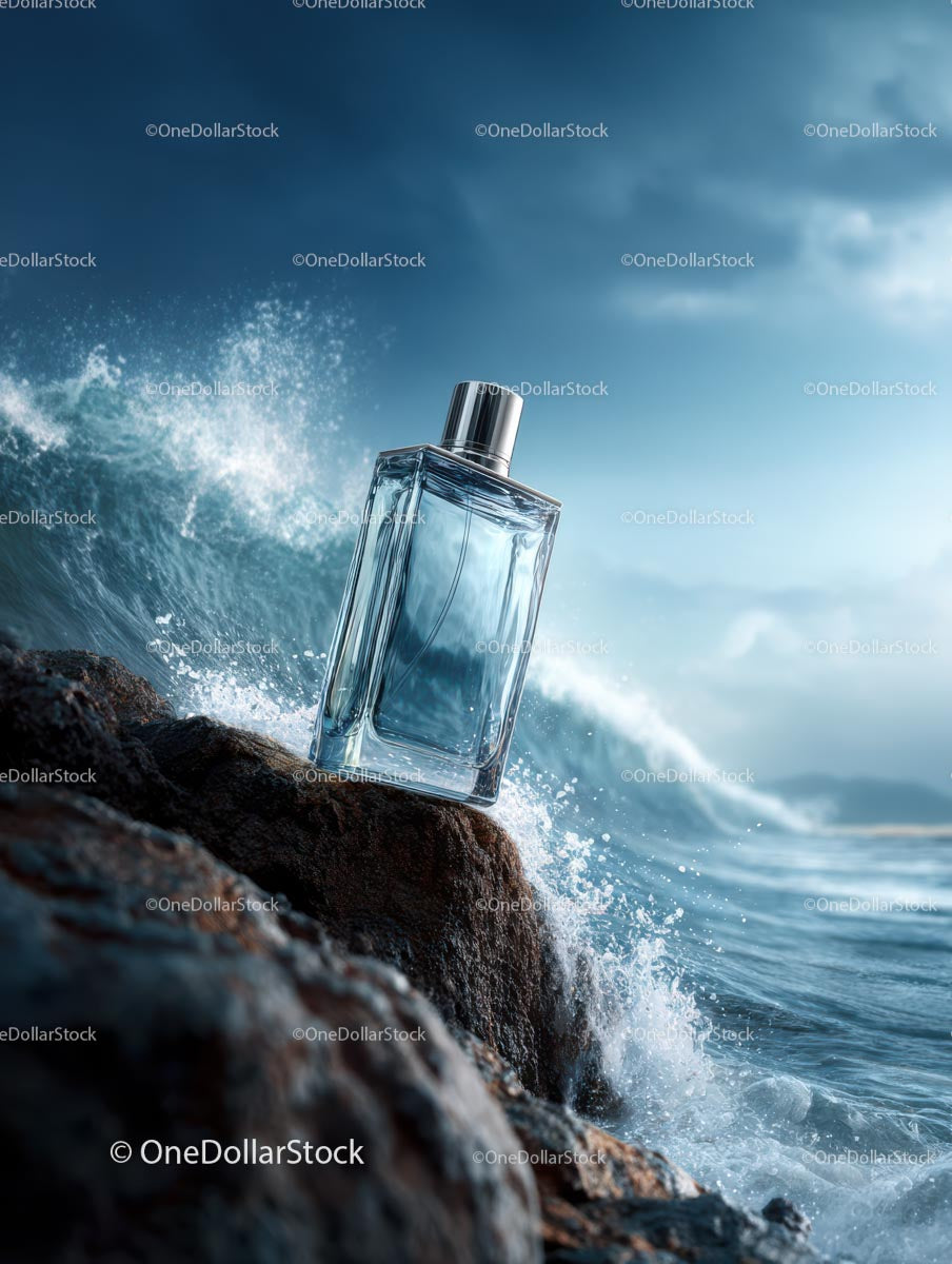 Perfume Bottle on Rocky Ocean Shoreline with Waves