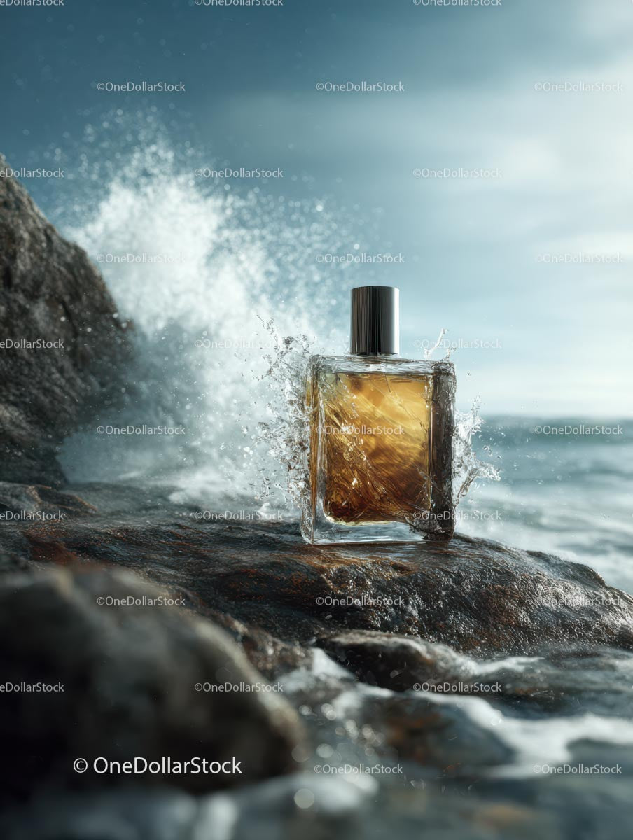 Perfume Bottle with Ocean Splash on Rocky Coastline