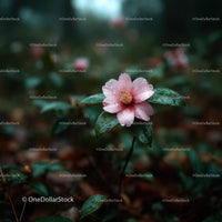 Pink Camellia in Dewy Garden Setting