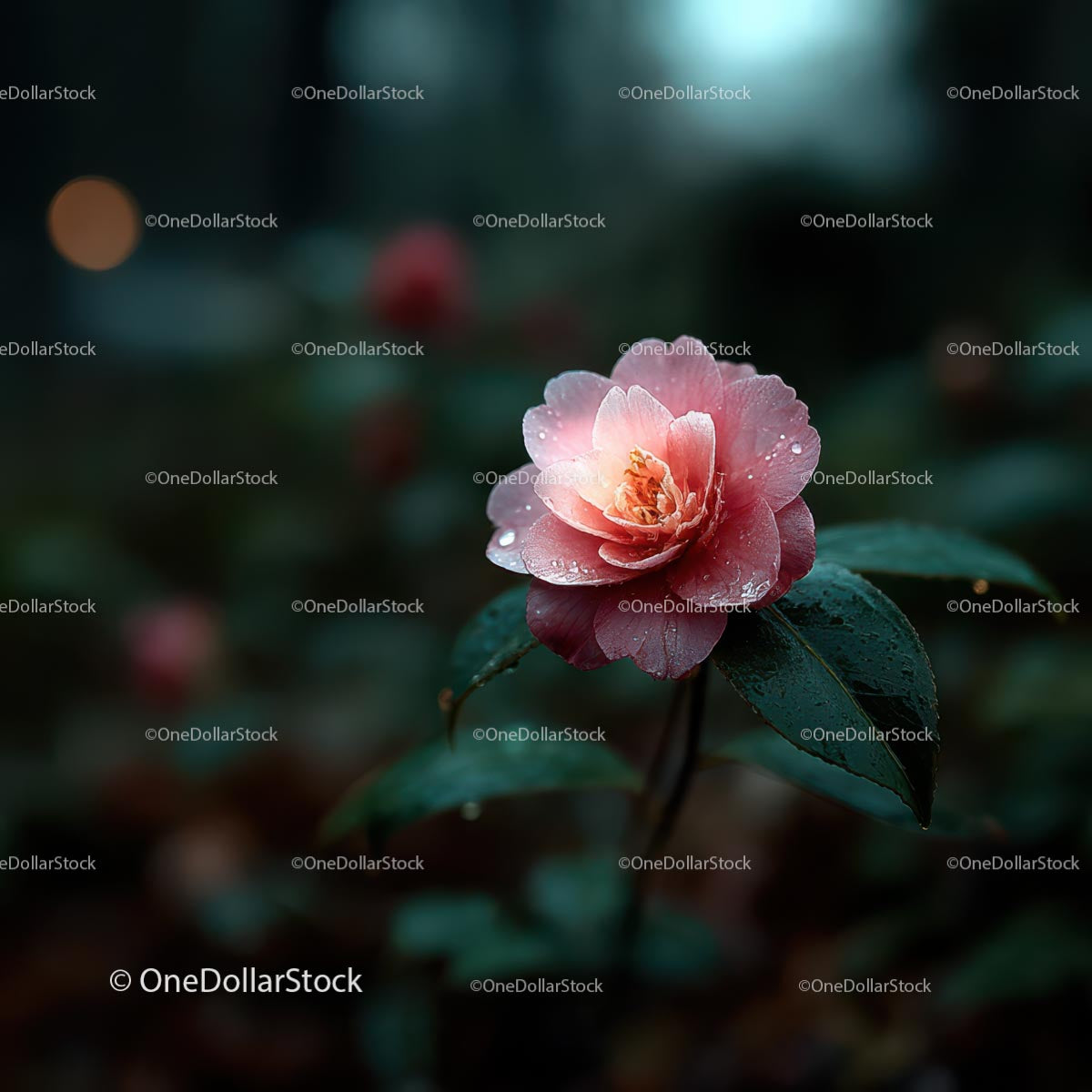 Pink Camellia Flower in Rainy Garden Setting