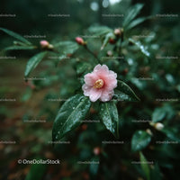 Pink Camellia Flower in Rainy Garden Setting