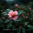 Pink Camellia Flower in Rainy Garden Setting