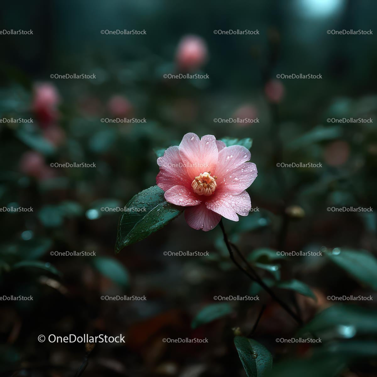 Pink Camellia Flower in Rainy Garden Setting