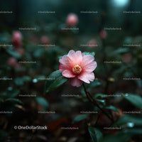 Pink Camellia Flower in Rainy Garden Setting