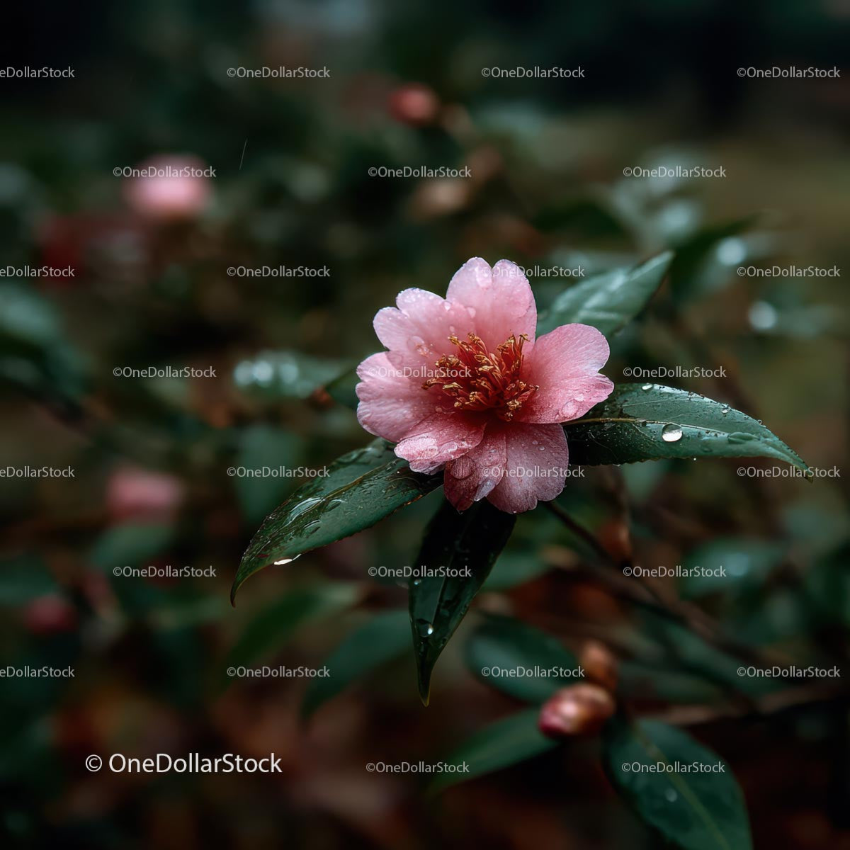 Pink Camellia Flower in Rainy Garden Setting