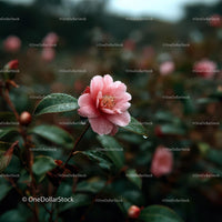 Dew-Kissed Pink Camellia Blooming in Lush Garden